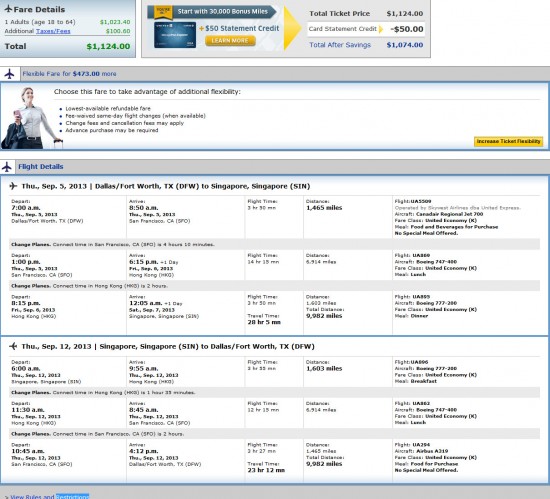 Airfare Deal United  Dallas  Singapore 1 124 