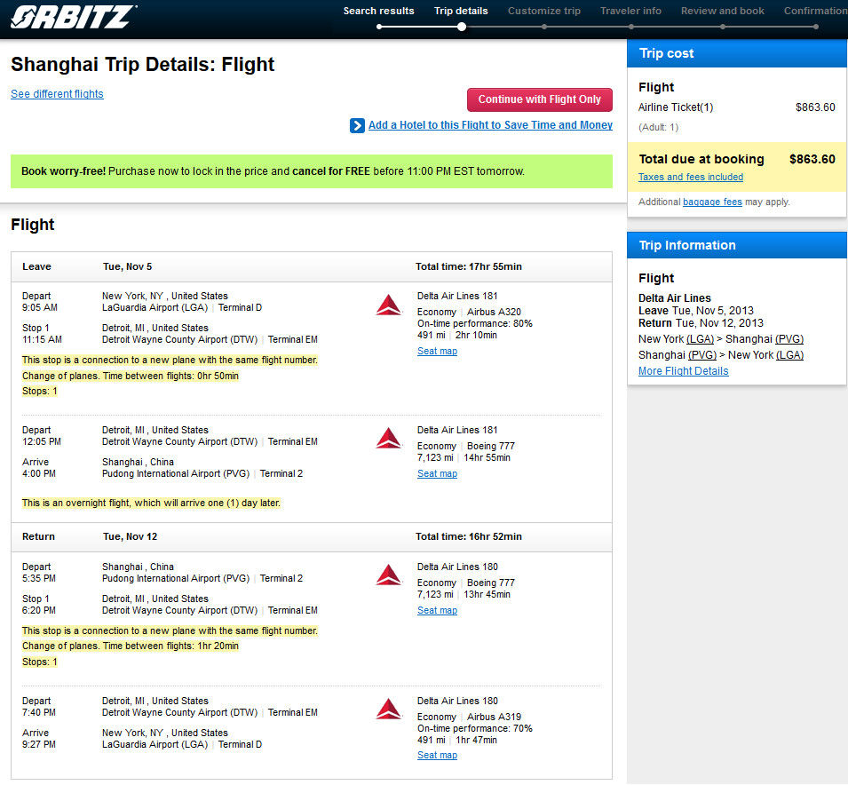 Delta – $864: New York – Shanghai, China. Roundtrip, including all