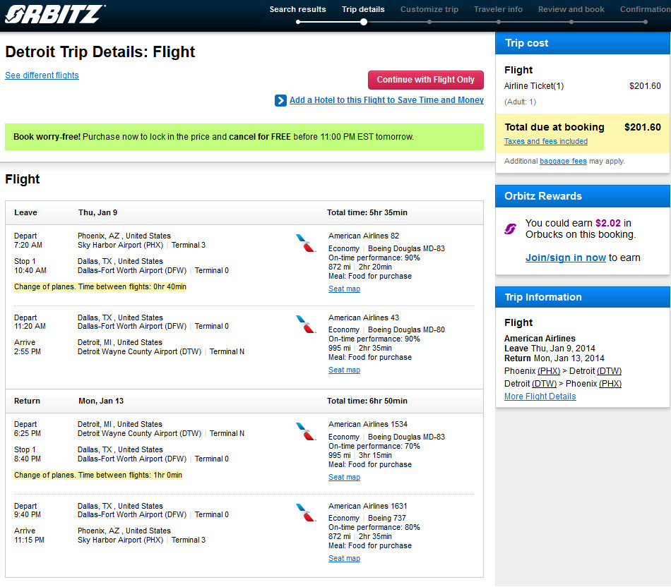 American – $202: Phoenix – Detroit (and vice versa). Roundtrip