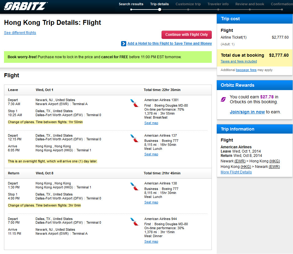 Incredible Business Class Fare – American – $2,778 – $3,528: Newark