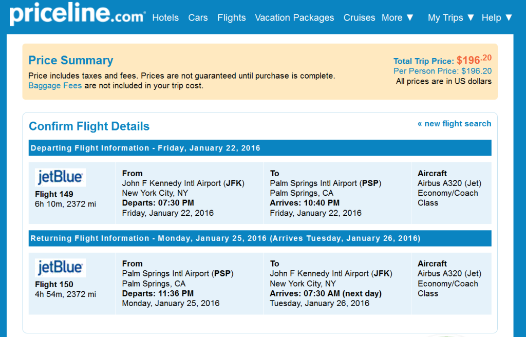 jetBlue – $196: New York – Palm Springs, California (and vice versa