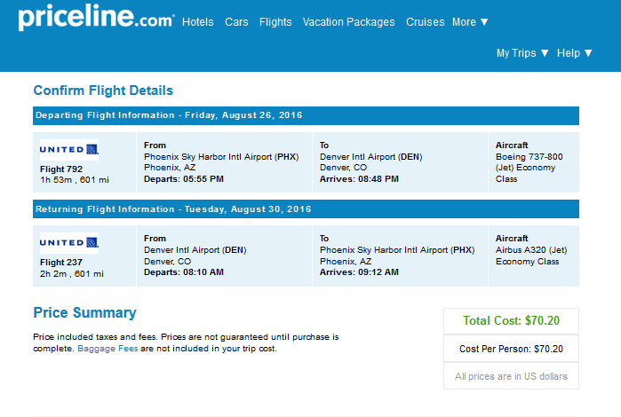 United 70 Phoenix Denver (and vice versa). Roundtrip