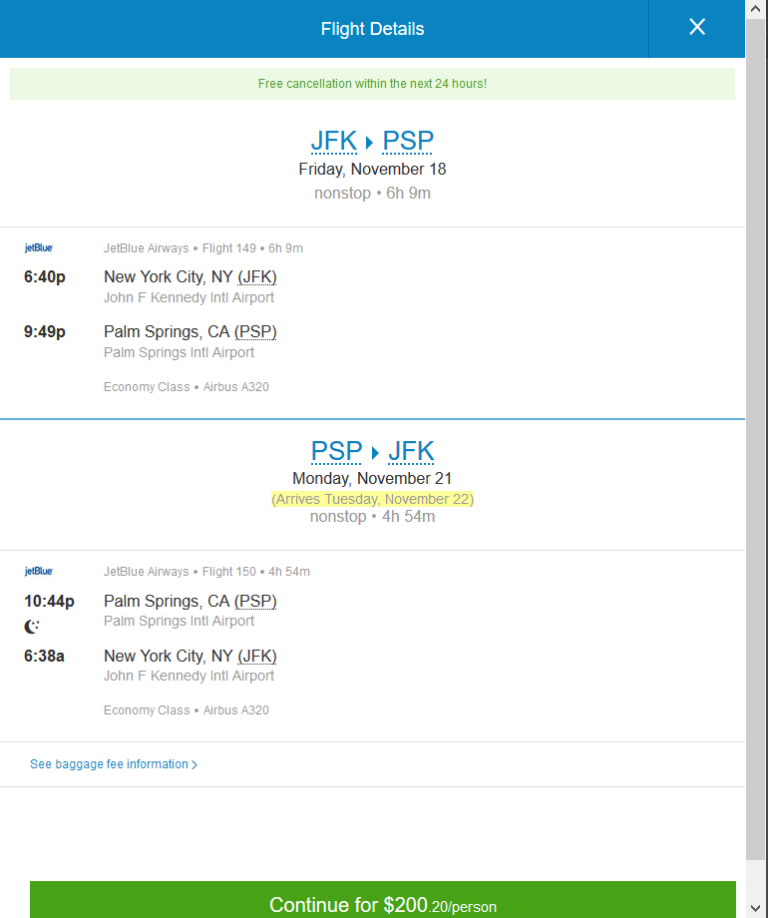 jetBlue – $200: New York – Palm Springs, California (and vice versa