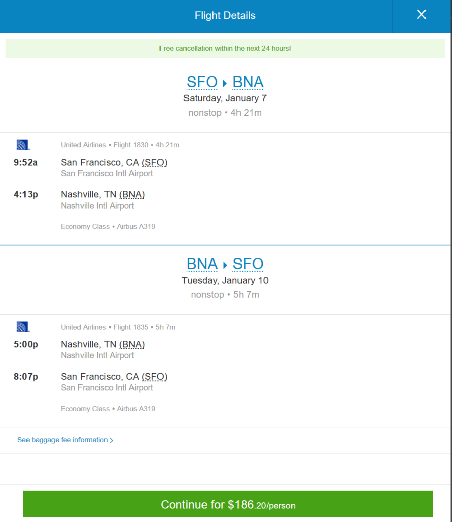 United – $186: San Francisco – Nashville, Tennessee (and vice versa