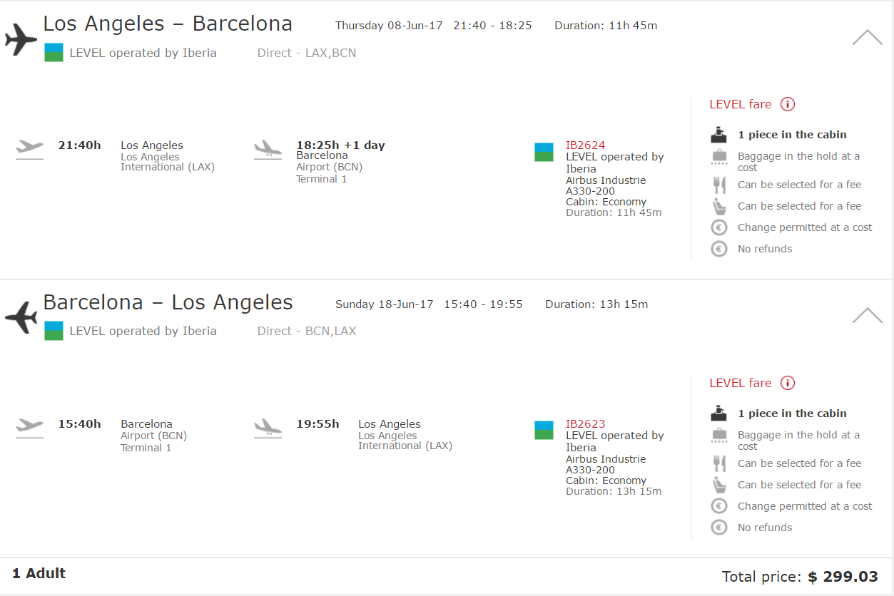 Level by Iberia – About $300: Los Angeles / Oakland – Barcelona, Spain