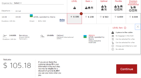 Level by Iberia – $254: Oakland, California – Barcelona, Spain