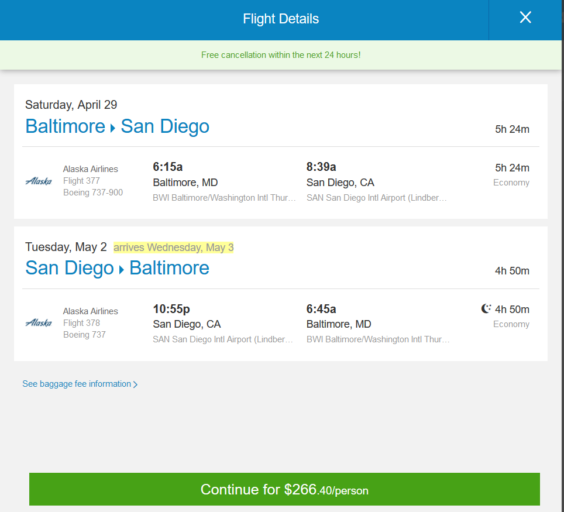 Alaska Air 266 Baltimore San Diego (and vice versa