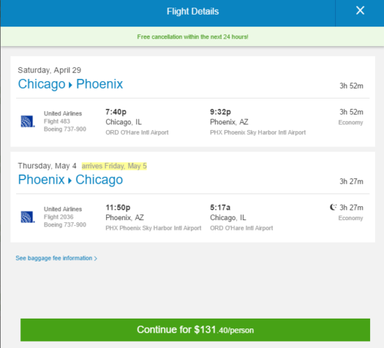 United 131 Chicago Phoenix. Roundtrip including all Taxes