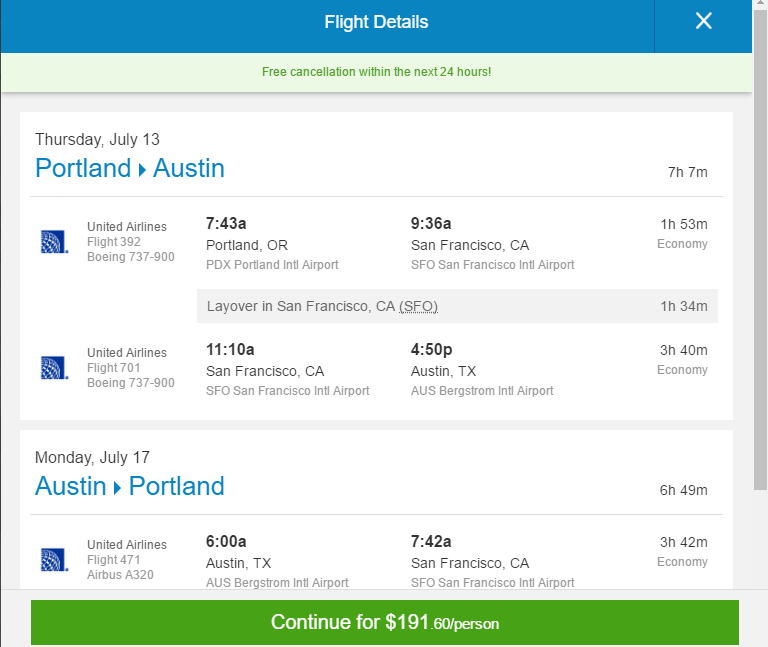 [Summer Fare] United 192 Portland Austin, Texas (and