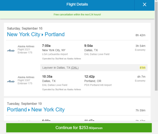 Alaska Air 254 New York Portland Oregon and vice versa