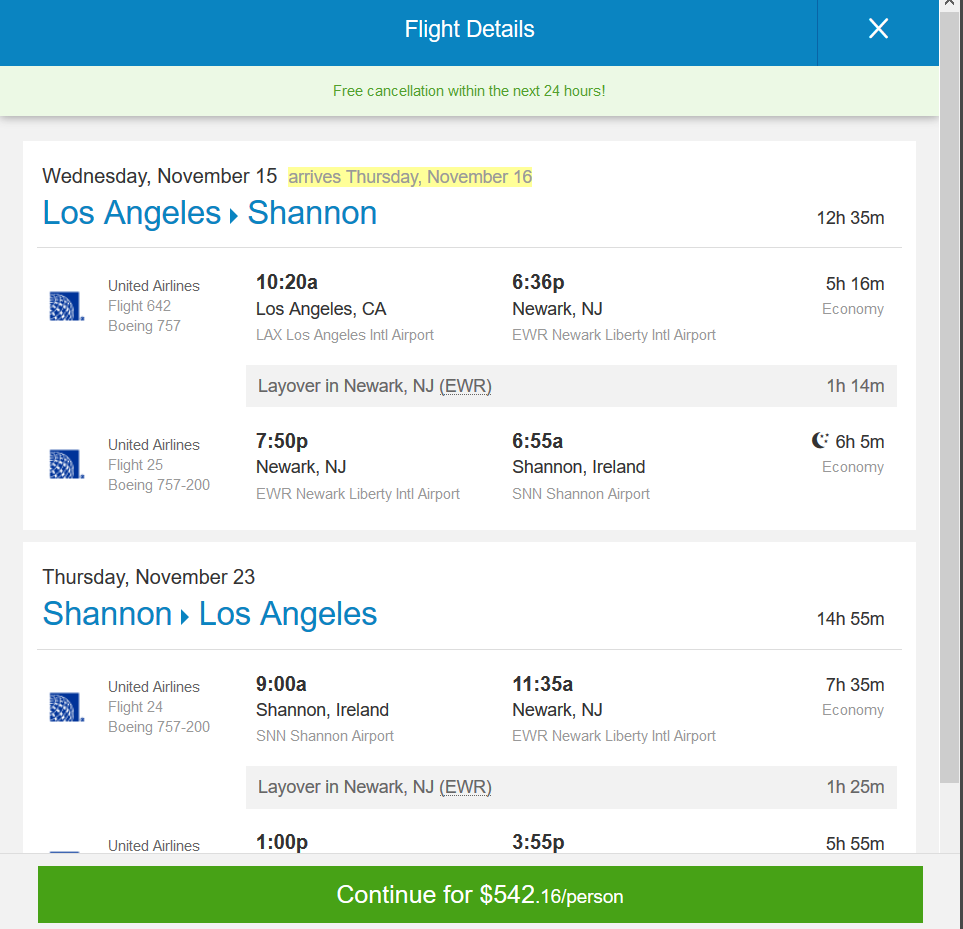 United 542 Los Angeles Shannon, Ireland. Roundtrip