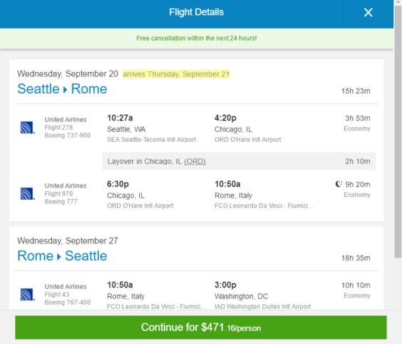 [FARE GONE] United 471 Seattle Rome, Italy