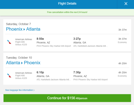 American 156 Phoenix Atlanta and vice versa . Roundtrip