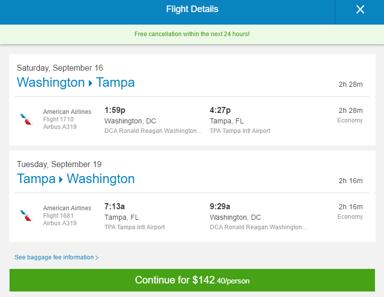 The Shorthaul – American / jetBlue – $142: Washington D.C. – Tampa (and