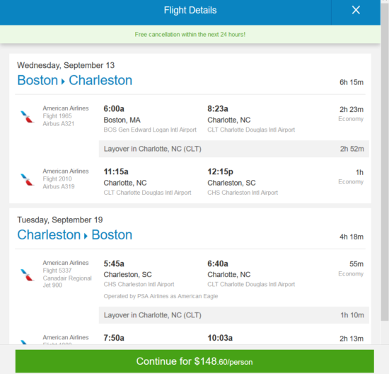 The Shorthaul – American – $149: Boston – Charleston, South Carolina