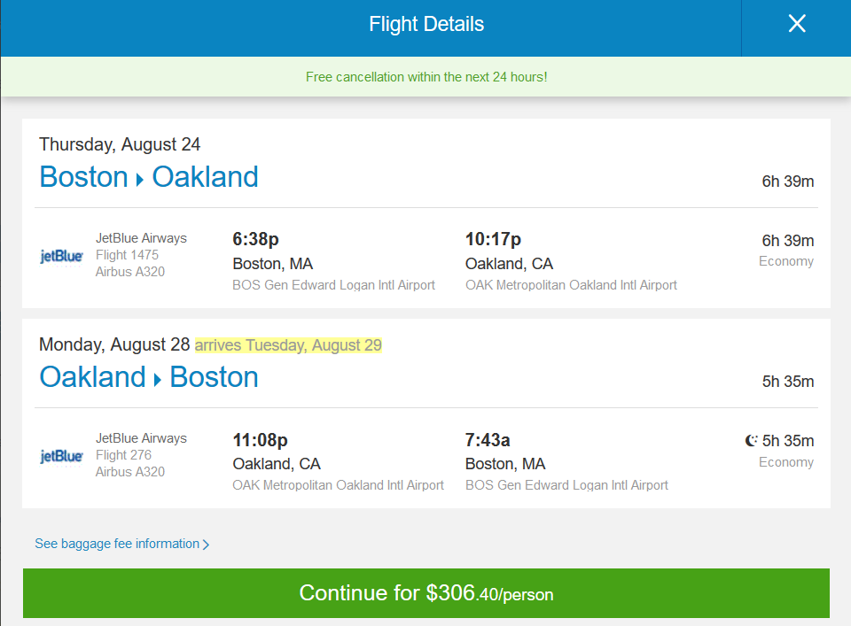 jetBlue 306 Boston Oakland, California (and vice