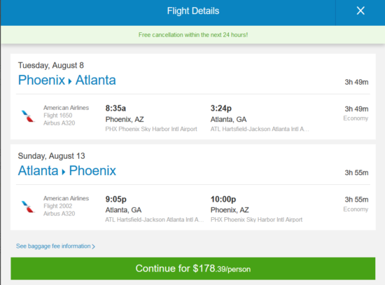 American 178 Phoenix Atlanta. Roundtrip including all Taxes