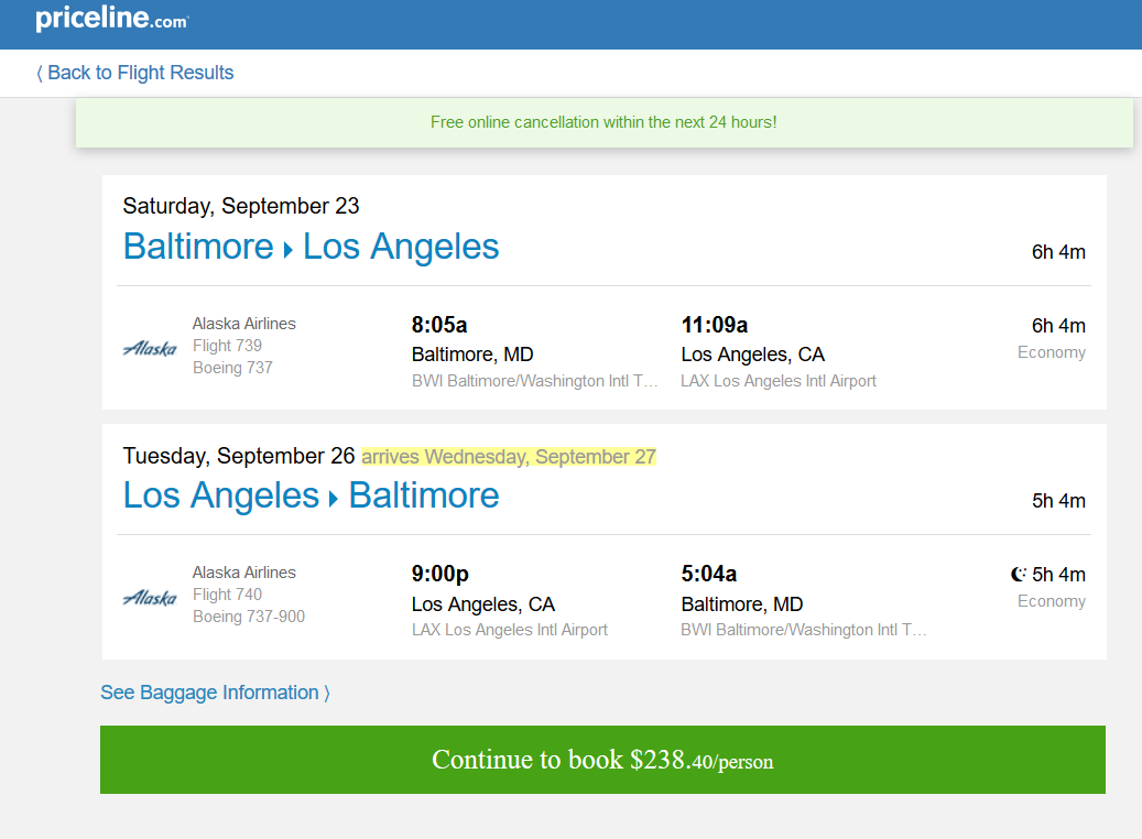 Alaskas Air 238 Baltimore Los Angeles (and vice