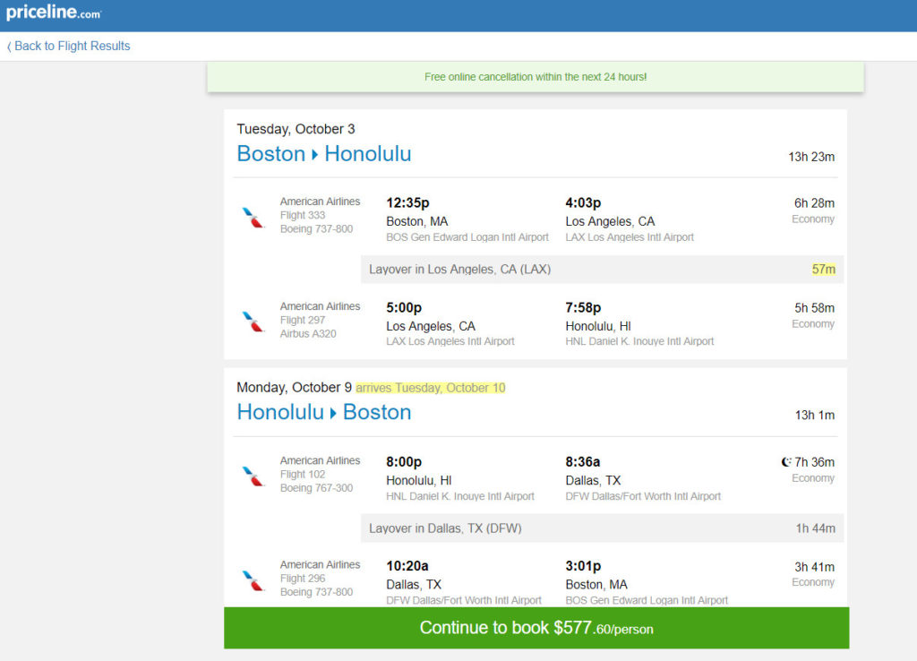 American 578 Boston Honolulu, Hawaii (and vice versa