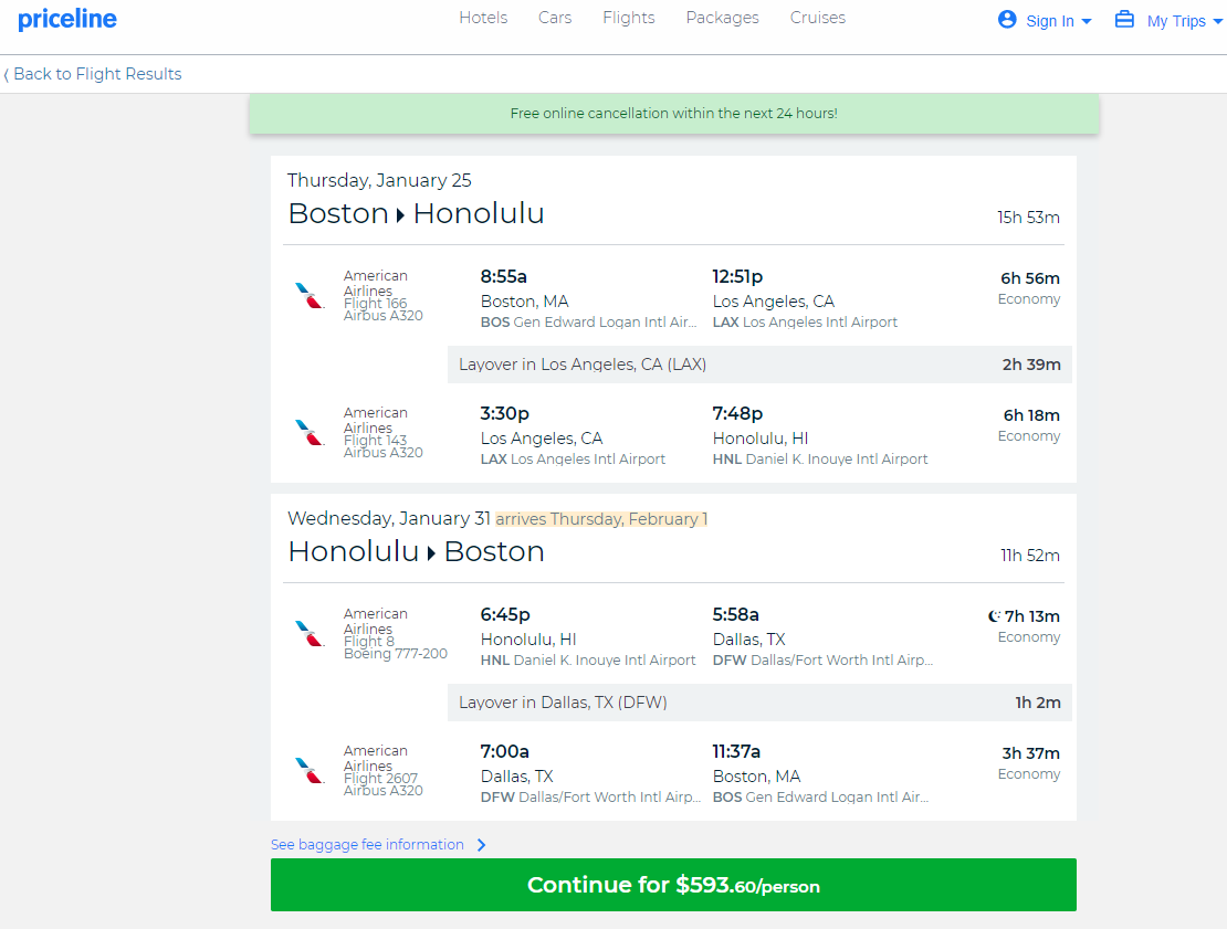 American 594 Boston Honolulu, Hawaii (and vice versa
