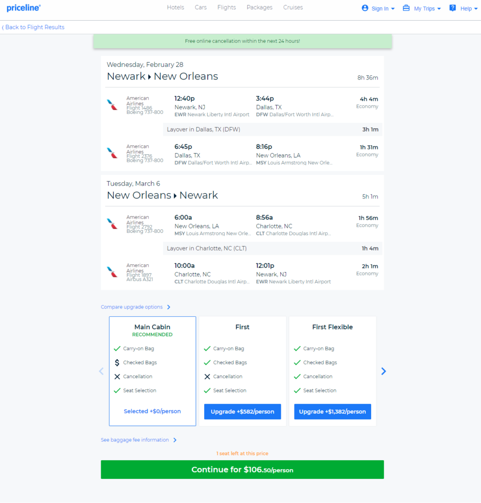 American – $107: Newark – New Orleans / Houston (and vice versa