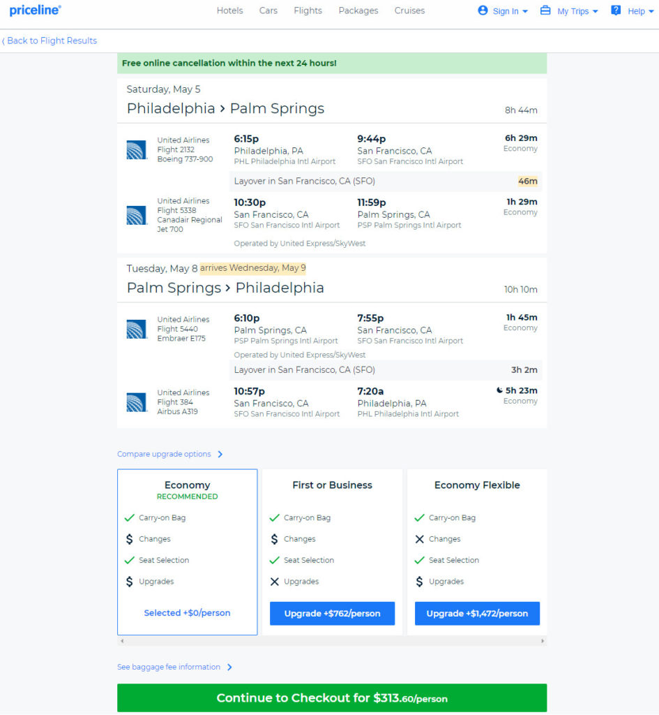 United – $314: Philadelphia – Palm Springs, California (and vice versa