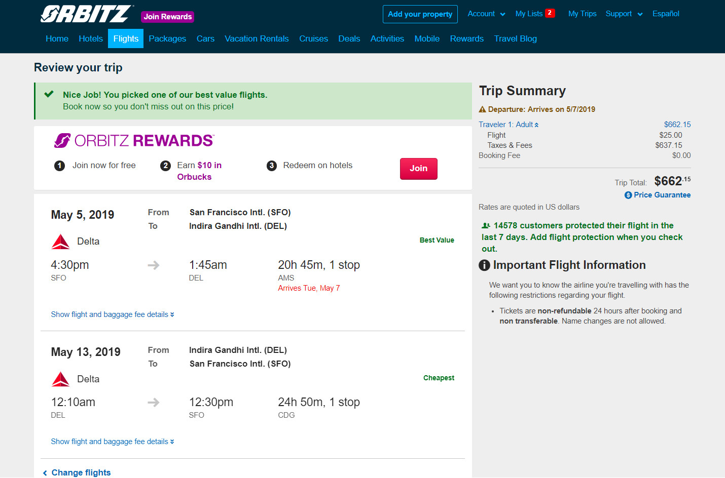 Delta – $662: San Francisco – New Delhi, India. Roundtrip, including ...