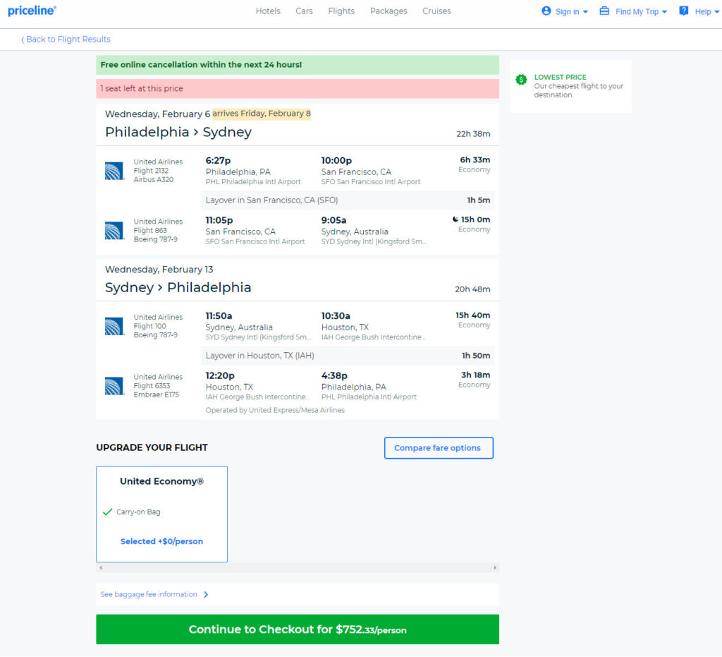 United – $752: Philadelphia – Sydney, Australia. Roundtrip, including