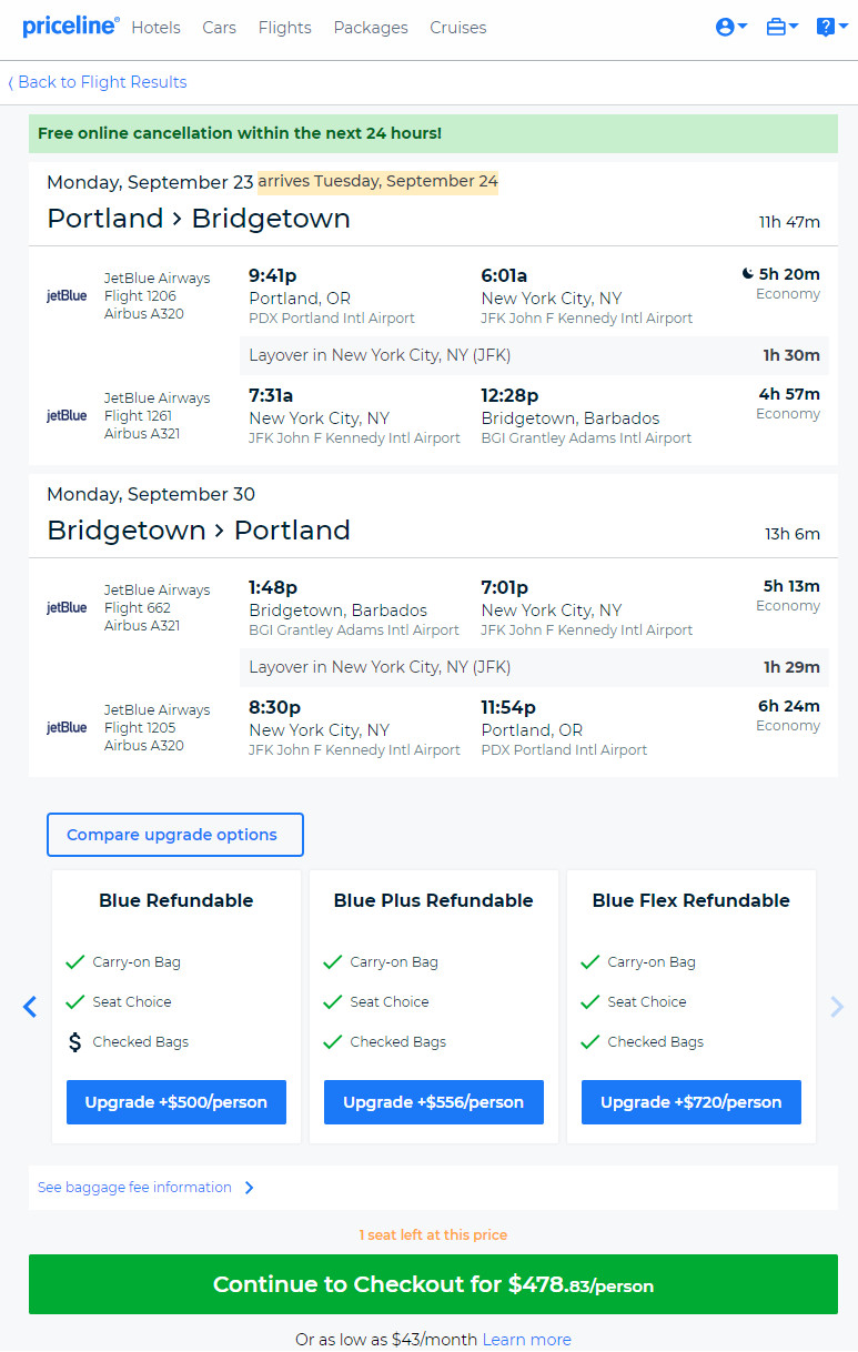 jetBlue 479 Portland Barbados. Roundtrip, including