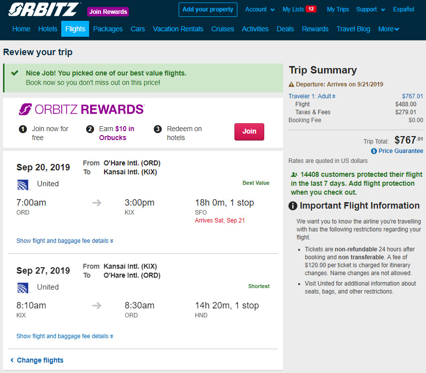 United – $767: Chicago – Osaka, Japan. Roundtrip, including all Taxes ...