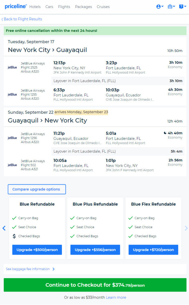 jetBlue 375 New York Guayaquil Ecuador. Roundtrip