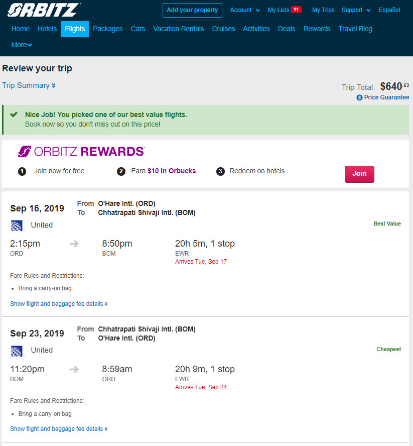 United – $641: Chicago – Mumbai, India. Roundtrip, including all Taxes ...