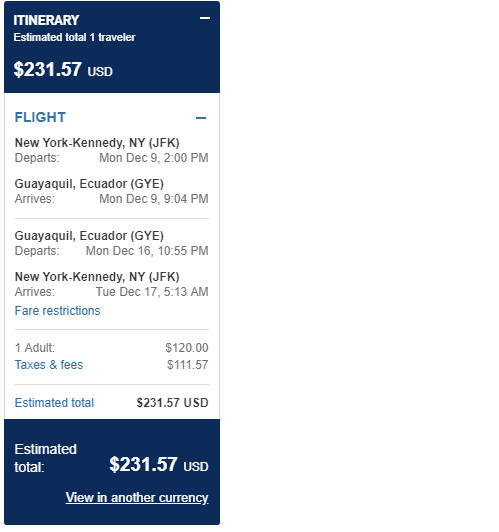 jetBlue 232 New York Guayaquil Ecuador. Roundtrip