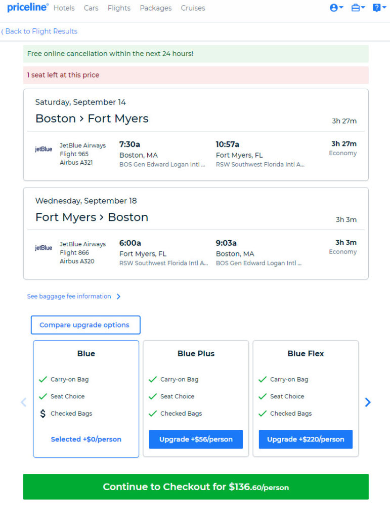 jetBlue 137 Boston Fort Myers Florida and vice versa