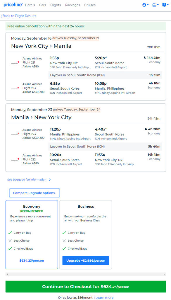 Asiana 634 New York Manila Philippines. Roundtrip