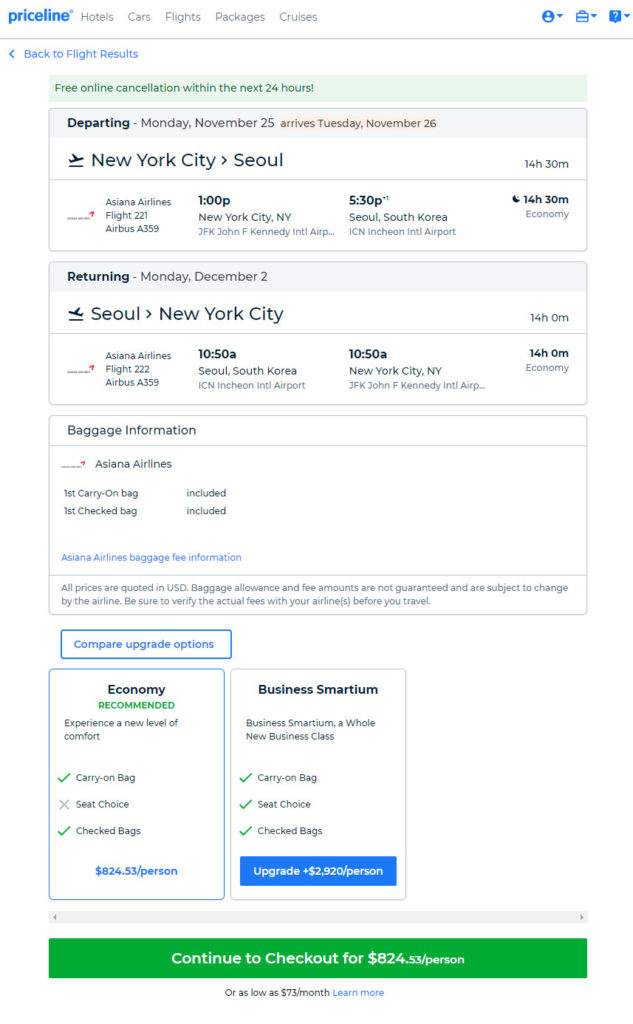 Asiana 825 New York Seoul South Korea. Roundtrip including