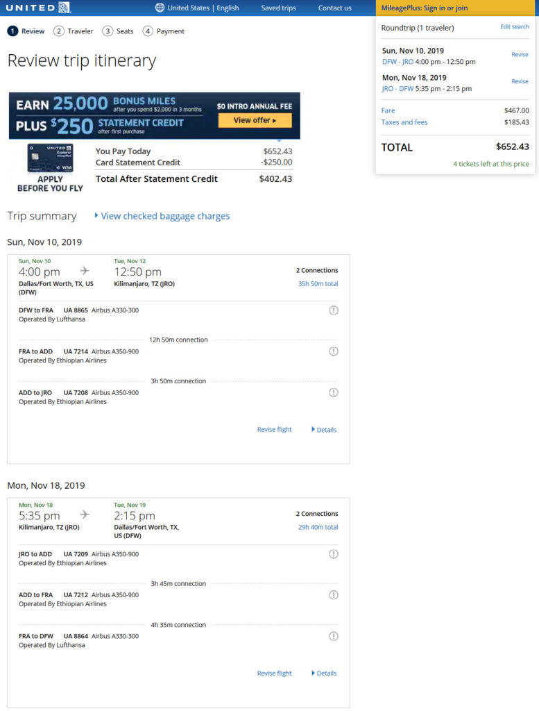 United / Lufthansa / Ethiopian – $652: Dallas – Kilimanjaro, Tanzania ...