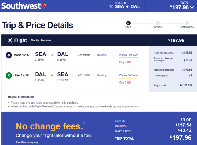 Southwest: Seattle – Dallas (and vice versa). $198. Roundtrip