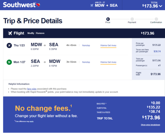 Southwest: Chicago – Seattle (and vice versa). $174. Roundtrip, including all Taxes