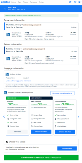 United: Seattle – Boston (and vice versa). $177. Roundtrip, including all Taxes