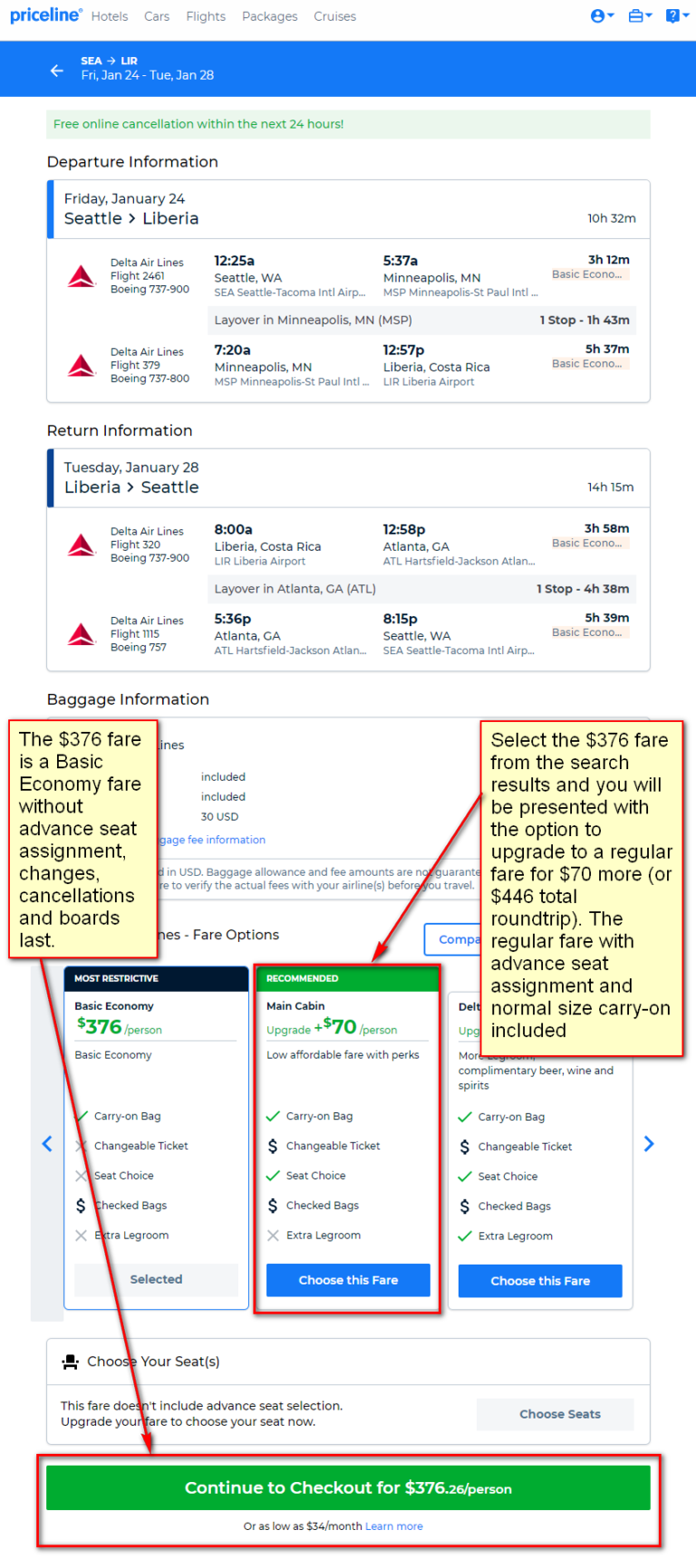 Delta: Seattle – Liberia, Costa Rica. $446 (Regular Economy) / $376