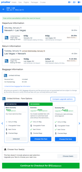 United: Newark – Las Vegas (and vice versa). $283 (Regular Economy) / $113 (Basic Economy). Roundtrip, including all Taxes