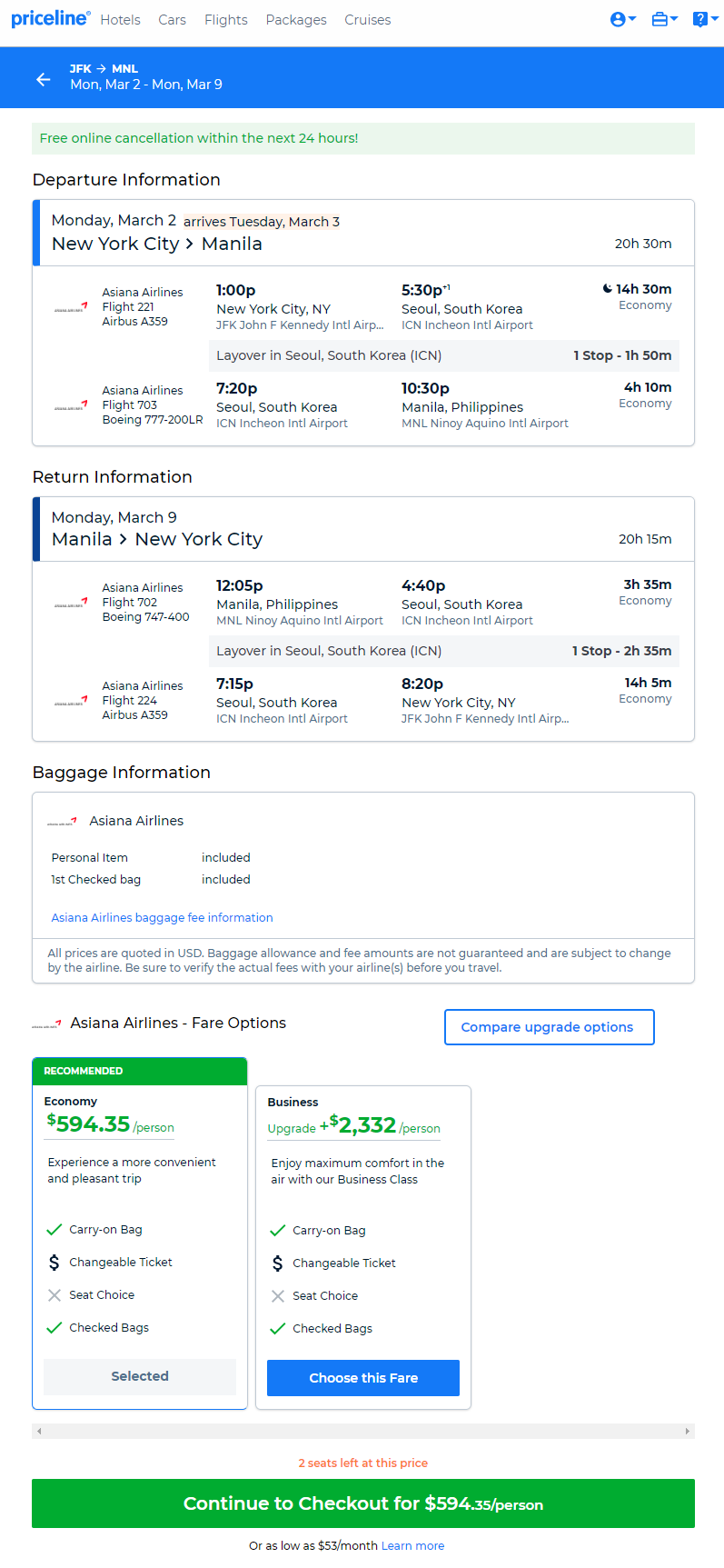 Asiana New York Manila Philippines. 594. Roundtrip including