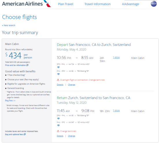 American: San Francisco – Zurich, Switzerland. $294 (Basic Economy ...