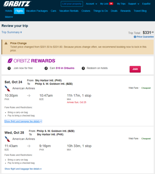 American: Phoenix – Belize City, Belize. $332. Roundtrip, including all Taxes