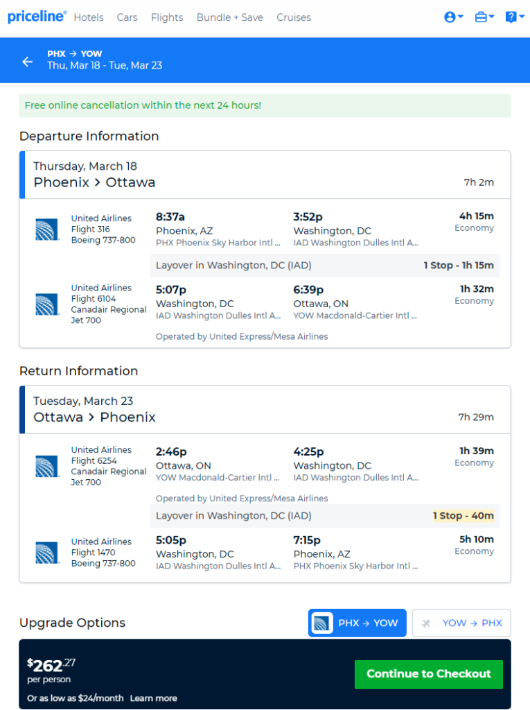 United: Phoenix – Ottawa, Canada. $262. Roundtrip, Including All Taxes 