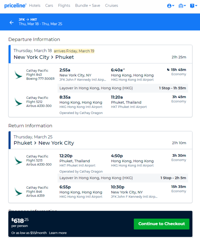 Cathay Pacific: New York – Phuket, Thailand. $618. Roundtrip, including