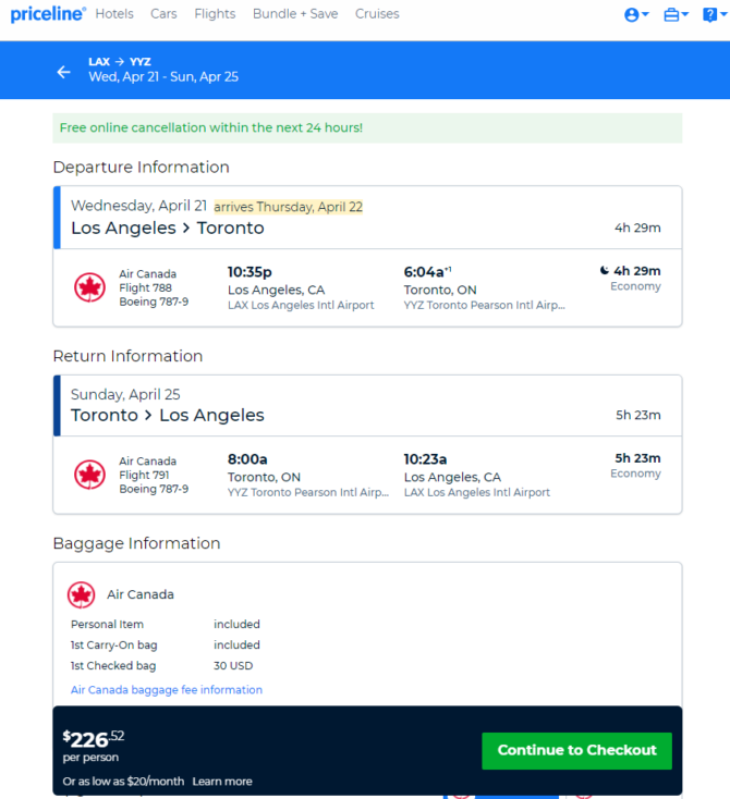 Air Canada Los Angeles Toronto Canada. 227. Roundtrip