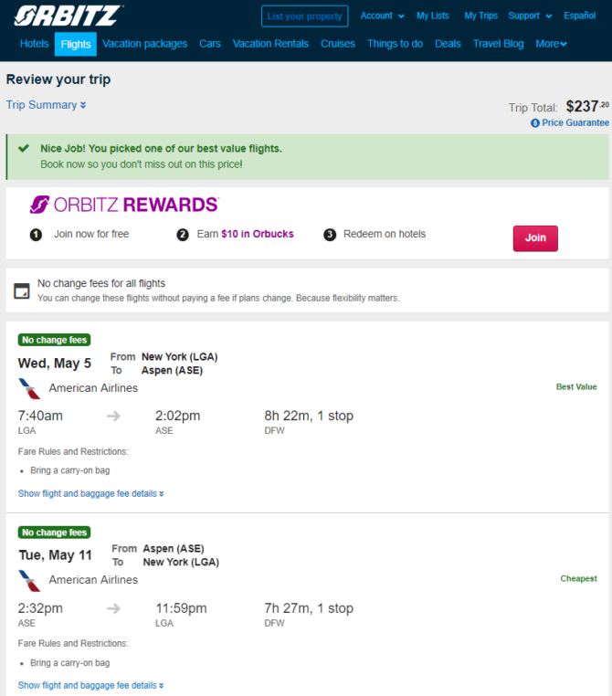 American: New York – Aspen, Colorado (and vice versa). $237. Roundtrip ...