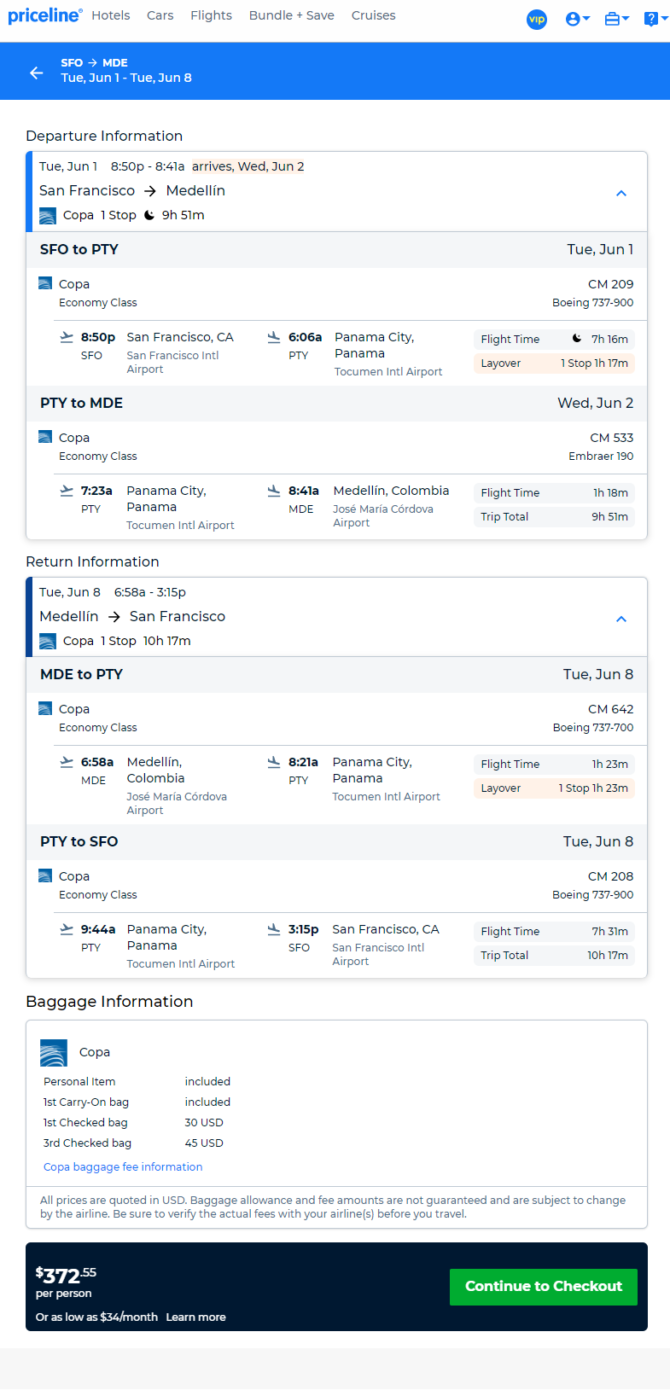 Copa: San Francisco – Medellin, Colombia. $373. Roundtrip, including ...